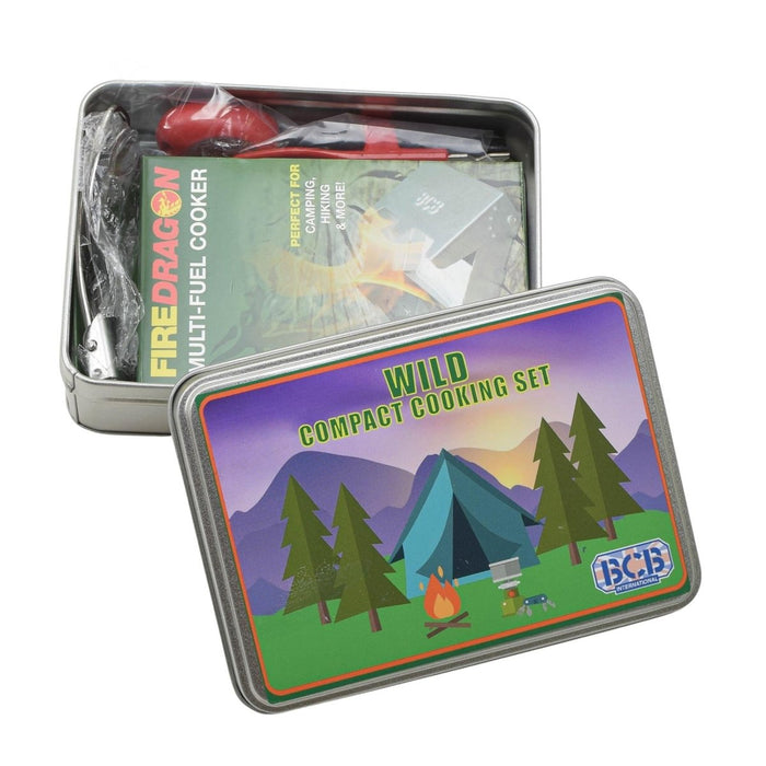 Kompaktowy zestaw do gotowania na kempingu BCB WILD z kuchenką na paliwo stałe, łyżką, otwieraczem do puszek i puszką do przechowywania, idealny do wędrówek na świeżym powietrzu.