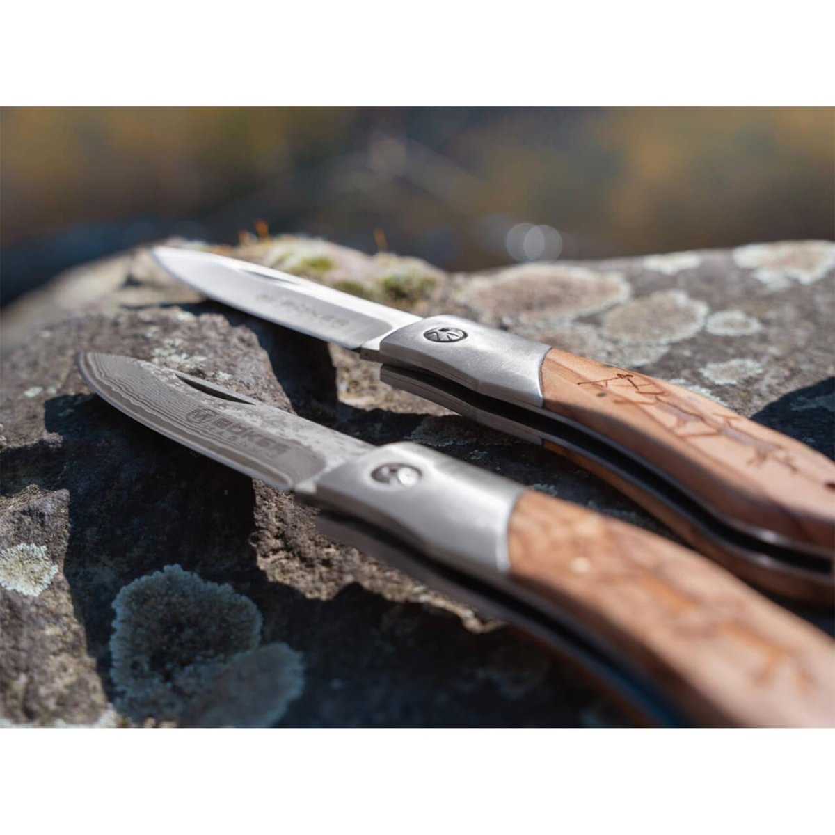 Nóż kieszonkowy BOKER Caveman Steel 440A, niepowlekana, stalowa, zdobiona drewnianą rękojeścią