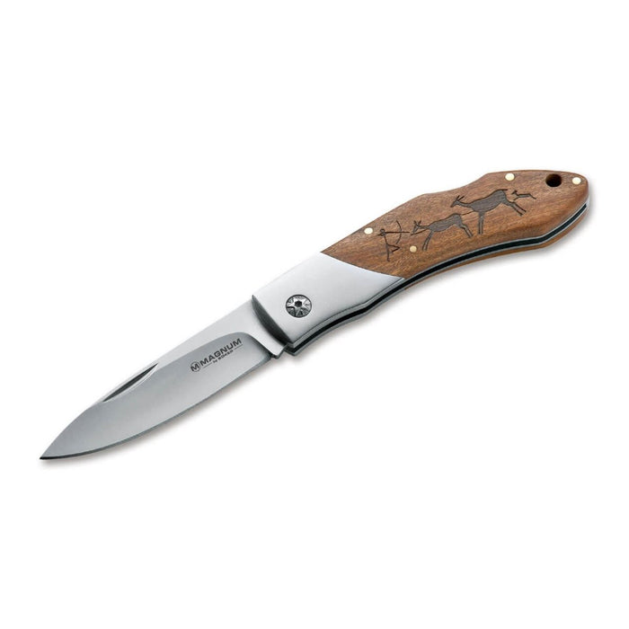 Nóż kieszonkowy BOKER Caveman Steel 440A niepowlekana stalowa zdobiona drewniana rękojeść - GoMilitar