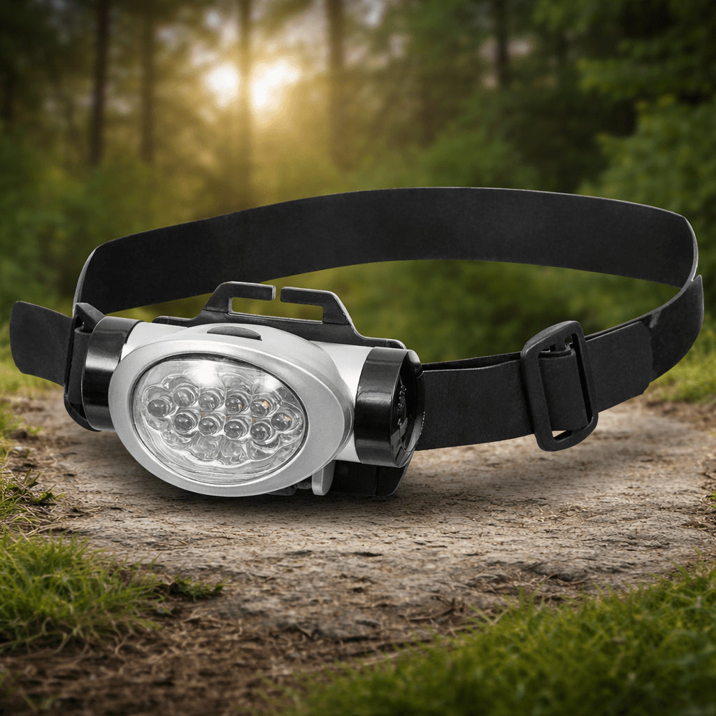 Latarka czołowa Fox Outdoor, 8 białych, 2 czerwone diody LED, regulowany kąt, bryzgoszczelna, czarna