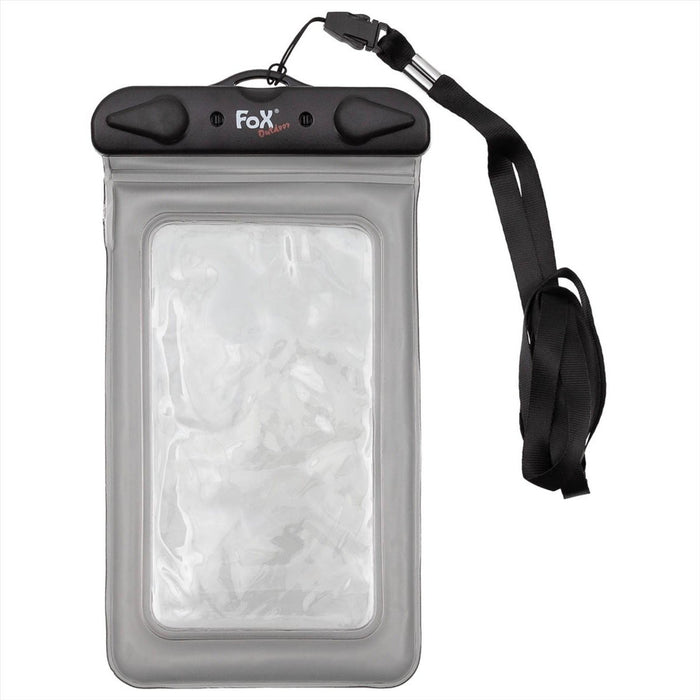Przezroczysta, wodoodporna torba na smartfon Fox Outdoor z pyłoszczelnym zamknięciem i czarnym regulowanym paskiem na szyję, zapewniającym ochronę na zewnątrz