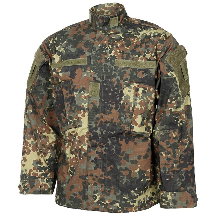 Kurtka MFH Brand US w stylu wojskowym, w kolorze flecktarn camo ripstop, z wieloma kieszeniami i wzmocnionymi łokciami