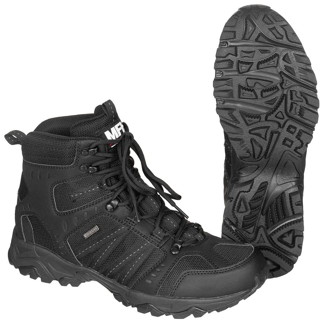 Taktyczne buty bojowe MFH Wodoodporna, oddychająca, szybkoschnąca membrana HBR, czarna