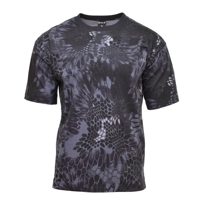 Męski oddychający podkoszulek z krótkim rękawem i czarnym wzorem kamuflażu węża, t-shirt outdoorowy w stylu militarnym