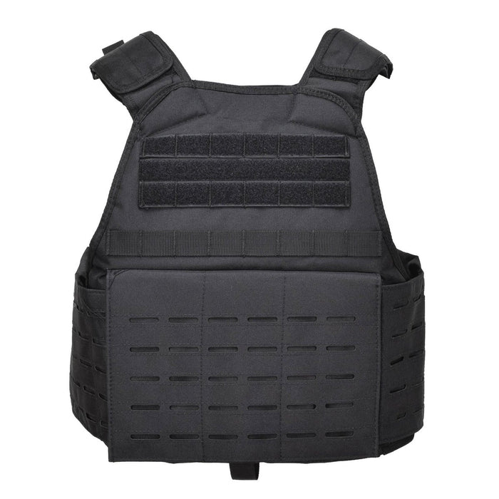 Czarna taktyczna kamizelka bojowa MIL-TEC Laser Cut z systemem MOLLE i regulowanymi paskami na ramiona.