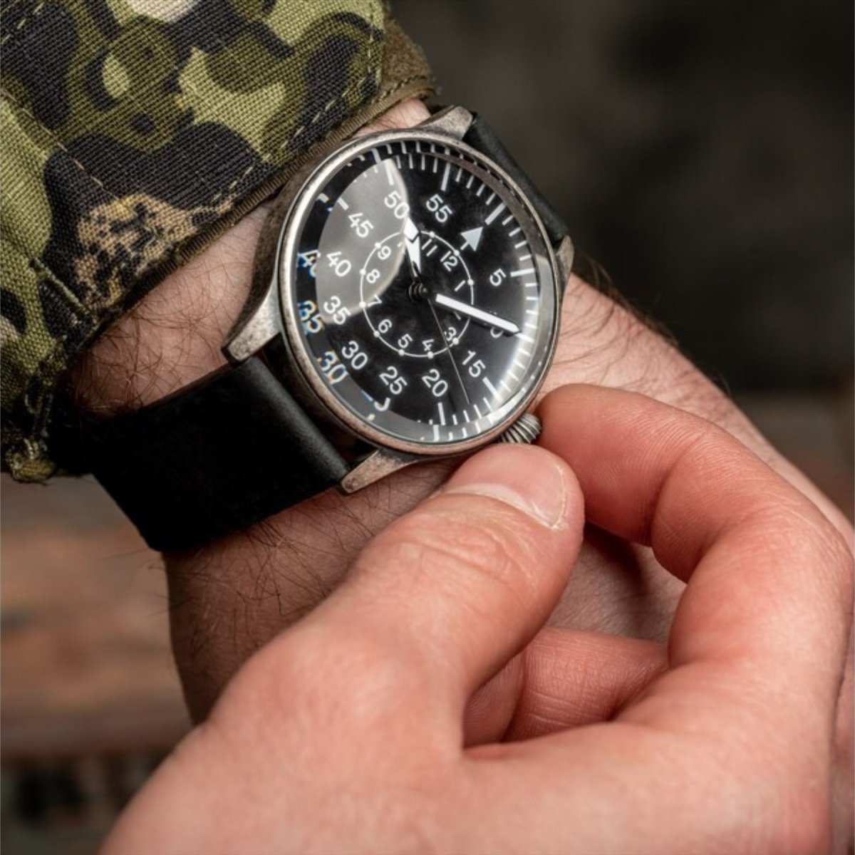 Mil-Tec Retro Pilot Watch Mechanizm kwarcu Naturalny skórzana bransoletka Czarna