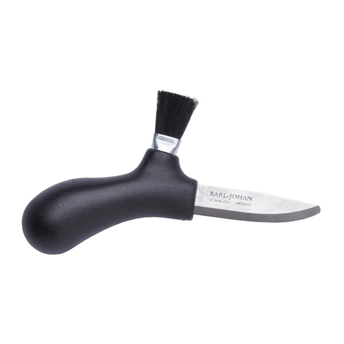 Nóż do grzybów MORAKNIV z czarną ergonomiczną rączką, ostrzem ze stali nierdzewnej pochodzącej z recyklingu i dołączoną szczoteczką do czyszczenia.