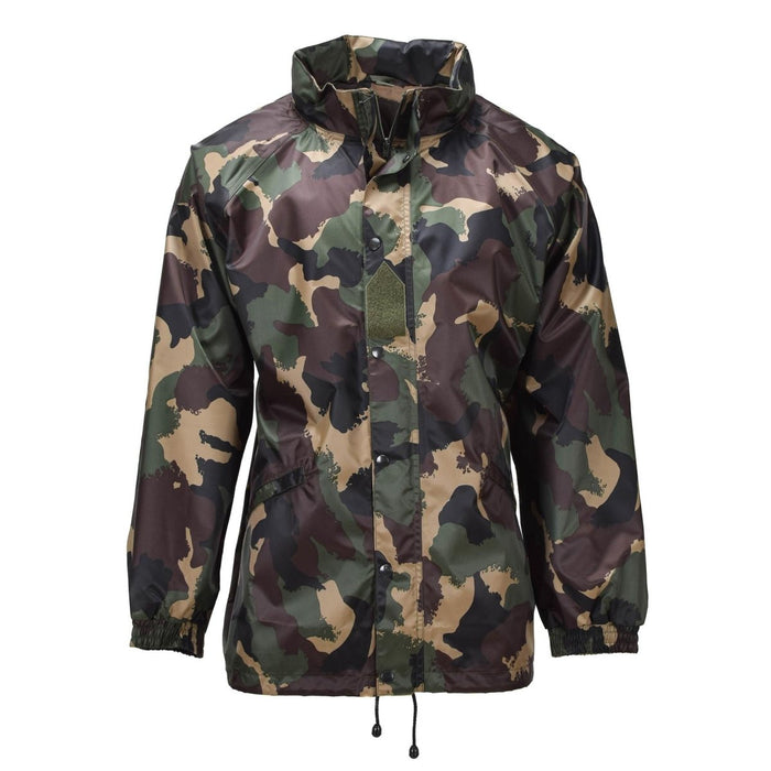 Oryginalna węgierska wojskowa wodoodporna kurtka z zawijanym kapturem i klapą M93 Camo w trwałym stylu z nadwyżek wojskowych, przypominająca sprzęt kempingowy