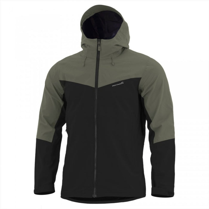 Lekka kurtka softshell Pentagon Monlite WP w kolorze oliwkowym i czarnym, wodoodporna i wiatroszczelna z kapturem do użytku na zewnątrz
