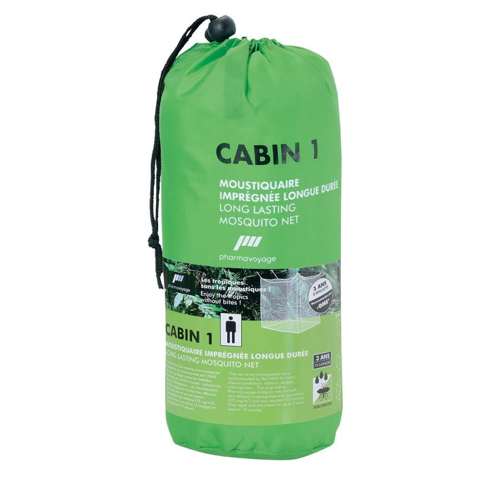 Zielone opakowanie z moskitierą z napisem „Cabin 1” na białym tle