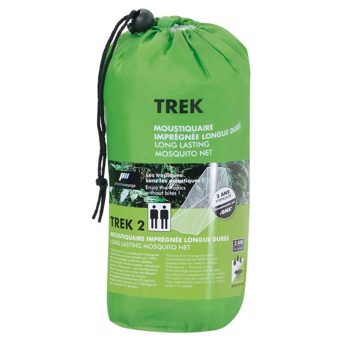 Zielone opakowanie z moskitierą z napisem „Trek” na białym tle