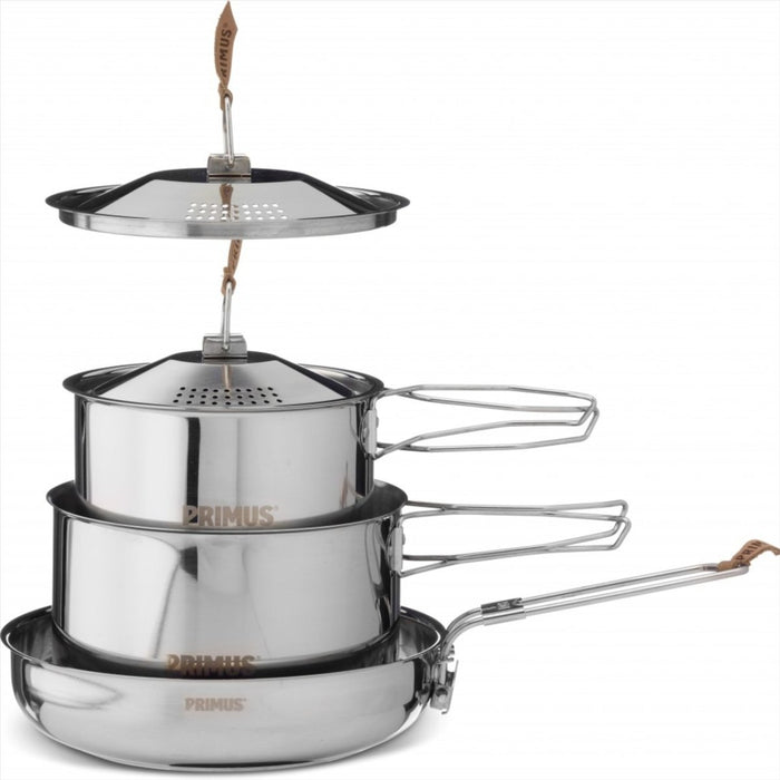 Primus Campfire Cookset S Garnki i patelnia ze stali nierdzewnej z uchwytami i wentylowanymi pokrywkami, kompaktowy zestaw naczyń kempingowych
