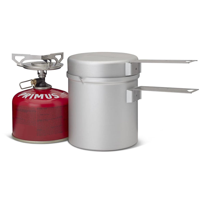 Kompaktowy, lekki zestaw kuchenki Primus Essential Trail KIT z garnkiem 1L do podróżowania z plecakiem i gotowania na świeżym powietrzu.